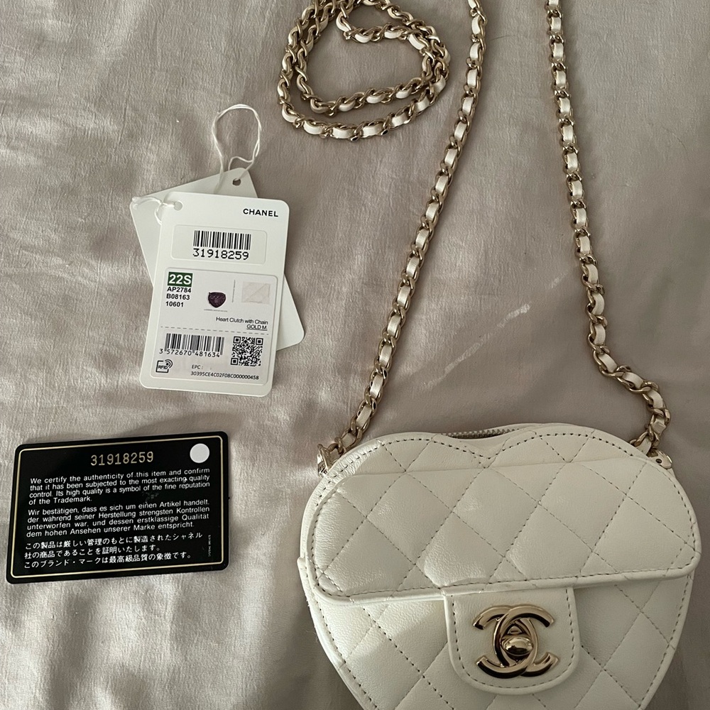 Chanel 22S Mini White Quilted Heart Crossbody Bag with Gold Chain